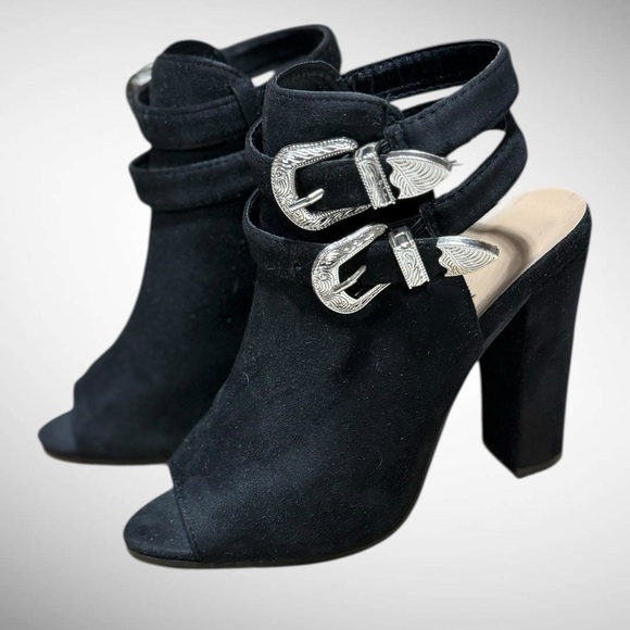 Black Faux Suede Peep Toe Block Heel Boots with buckle detailing Size 6 - Picture 1 of 15